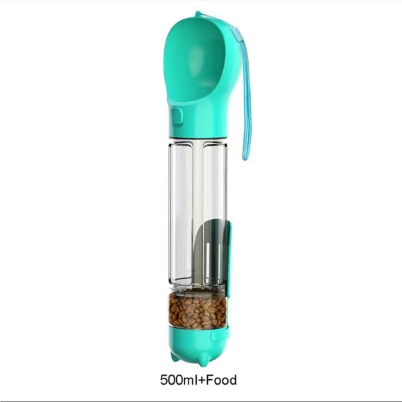 Dog-Water-Bottle-4-in-1-  5 in 1 feed container, water dispenser, poop scoop, poop bag dispenser, feeder